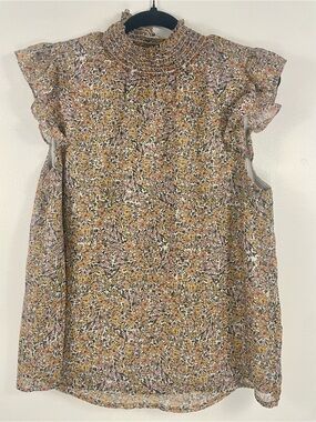 Floral Smocked Neck Ruffled Sleeve Blouse - Yellow Pink